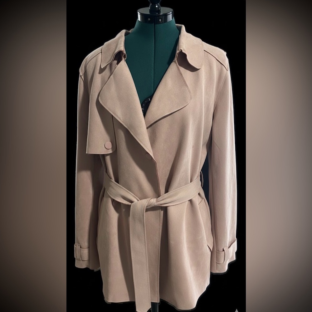 Haute Monde Dusty Pink Faux Suede Belted Trench Coat - Size M - Picture 2 of 11